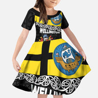 New Zealand Wellington Family Matching Summer Maxi Dress and Hawaiian Shirt The Capital's Emblems Flag and Koru Art LT03 Daughter's Dress Black - Polynesian Pride