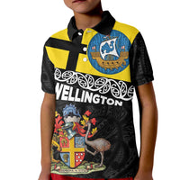New Zealand Wellington Kid Polo Shirt The Capital's Emblems Flag and Koru Art LT03 Kid Black - Polynesian Pride
