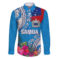 Personalised Samoa Coat Of Arms Family Matching Tank Maxi Dress and Hawaiian Shirt Tropical Flower Blue Polynesian Pattern LT03 Dad's Shirt - Long Sleeve Blue - Polynesian Pride