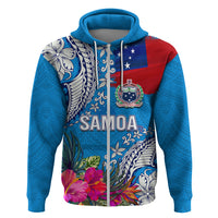 Personalised Samoa Coat Of Arms Hoodie Tropical Flower Blue Polynesian Pattern LT03 Zip Hoodie Blue - Polynesian Pride