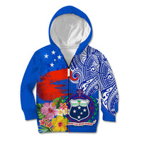 Personalised Samoa Coat Of Arms Kid Hoodie Hibiscus Polynesian Tattoo Pattern LT03 Zip Hoodie Blue - Polynesian Pride