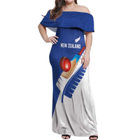 Custom New Zealand Cricket Off Shoulder Maxi Dress Kiwi Birds Haka Dance Blue Fern Sporty Style
