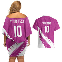 Custom New Zealand Cricket Couples Matching Off Shoulder Short Dress and Hawaiian Shirt Kiwi Birds Haka Dance Pink Fern Sporty Style