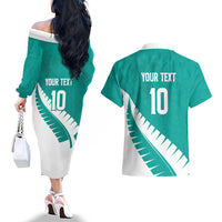Custom New Zealand Cricket Couples Matching Off The Shoulder Long Sleeve Dress and Hawaiian Shirt Kiwi Birds Haka Dance Turquoise Fern Sporty Style
