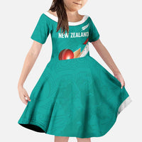 Custom New Zealand Cricket Family Matching Off Shoulder Maxi Dress and Hawaiian Shirt Kiwi Birds Haka Dance Turquoise Fern Sporty Style