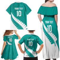Custom New Zealand Cricket Family Matching Off Shoulder Maxi Dress and Hawaiian Shirt Kiwi Birds Haka Dance Turquoise Fern Sporty Style