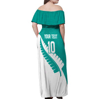 Custom New Zealand Cricket Family Matching Off Shoulder Maxi Dress and Hawaiian Shirt Kiwi Birds Haka Dance Turquoise Fern Sporty Style