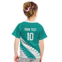 Custom New Zealand Cricket Kid T Shirt Kiwi Birds Haka Dance Turquoise Fern Sporty Style
