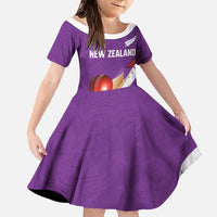 Custom New Zealand Cricket Family Matching Puletasi and Hawaiian Shirt Kiwi Birds Haka Dance Purple Fern Sporty Style LT03 Daughter's Dress Purple - Polynesian Pride