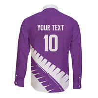 Custom New Zealand Cricket Long Sleeve Button Shirt Kiwi Birds Haka Dance Purple Fern Sporty Style