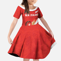 Custom New Zealand Cricket Family Matching Puletasi and Hawaiian Shirt Kiwi Birds Haka Dance Red Fern Sporty Style LT03 Daughter's Dress Red - Polynesian Pride