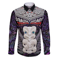 New Zealand Hei Tiki Family Matching Off Shoulder Maxi Dress and Hawaiian Shirt Maori Purple Papua Shell Pattern LT03 Dad's Shirt - Long Sleeve Purple - Polynesian Pride