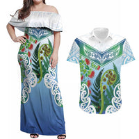 Aotearoa New Zealand Natural Plants Couples Matching Off Shoulder Maxi Dress and Hawaiian Shirt Pohutukawa with Silver Ferns Koru Frond Maori Tattoos LT03 Multicolor - Polynesian Pride