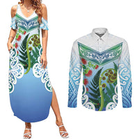 Aotearoa New Zealand Natural Plants Couples Matching Summer Maxi Dress and Long Sleeve Button Shirt Pohutukawa with Silver Ferns Koru Frond Maori Tattoos LT03 Multicolor - Polynesian Pride
