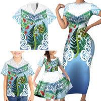 Aotearoa New Zealand Natural Plants Family Matching Short Sleeve Bodycon Dress and Hawaiian Shirt Pohutukawa with Silver Ferns Koru Frond Maori Tattoos LT03 - Polynesian Pride
