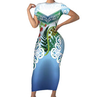 Aotearoa New Zealand Natural Plants Family Matching Short Sleeve Bodycon Dress and Hawaiian Shirt Pohutukawa with Silver Ferns Koru Frond Maori Tattoos LT03 Mom's Dress Multicolor - Polynesian Pride