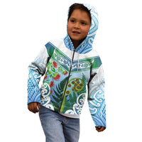 Aotearoa New Zealand Natural Plants Kid Hoodie Pohutukawa with Silver Ferns Koru Frond Maori Tattoos LT03 - Polynesian Pride