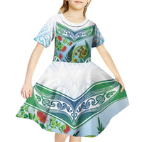 Aotearoa New Zealand Natural Plants Kid Short Sleeve Dress Pohutukawa with Silver Ferns Koru Frond Maori Tattoos LT03 - Polynesian Pride