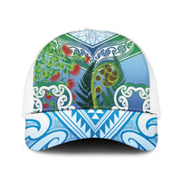 Aotearoa New Zealand Natural Plants Mesh Trucker Cap Pohutukawa with Silver Ferns Koru Frond Maori Tattoos