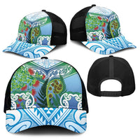 Aotearoa New Zealand Natural Plants Mesh Trucker Cap Pohutukawa with Silver Ferns Koru Frond Maori Tattoos