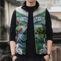 Aotearoa New Zealand Natural Plants Sleeveless Puffer Jacket Pohutukawa with Silver Ferns Koru Frond Maori Tattoos LT03 - Polynesian Pride