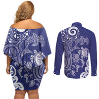 New Zealand Sea Animals with Maori Tribal Tattoo Couples Matching Off Shoulder Short Dress and Long Sleeve Button Shirt Blue Color LT03 - Polynesian Pride