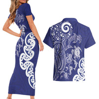 New Zealand Sea Animals with Maori Tribal Tattoo Couples Matching Short Sleeve Bodycon Dress and Hawaiian Shirt Blue Color LT03 - Polynesian Pride