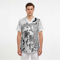 New Zealand Sea Animals with Maori Tribal Tattoo Scrub Top White Color LT03 - Polynesian Pride