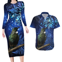 New Zealand Tui Bird Matariki Couples Matching Long Sleeve Bodycon Dress and Hawaiian Shirt Maori New Year with Galaxy Fern LT03 Blue - Polynesian Pride