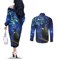New Zealand Tui Bird Matariki Couples Matching Off The Shoulder Long Sleeve Dress and Long Sleeve Button Shirt Maori New Year with Galaxy Fern LT03 - Polynesian Pride