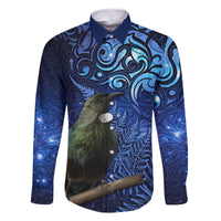 New Zealand Tui Bird Matariki Family Matching Off Shoulder Maxi Dress and Hawaiian Shirt Maori New Year with Galaxy Fern LT03 Dad's Shirt - Long Sleeve Blue - Polynesian Pride