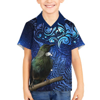 New Zealand Tui Bird Matariki Family Matching Short Sleeve Bodycon Dress and Hawaiian Shirt Maori New Year with Galaxy Fern LT03 Son's Shirt Blue - Polynesian Pride