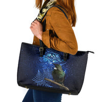 New Zealand Tui Bird Matariki Leather Tote Bag Maori New Year with Galaxy Fern LT03 Blue - Polynesian Pride