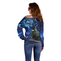 New Zealand Tui Bird Matariki Off Shoulder Sweater Maori New Year with Galaxy Fern LT03 - Polynesian Pride