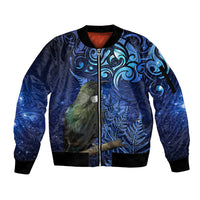 New Zealand Tui Bird Matariki Sleeve Zip Bomber Jacket Maori New Year with Galaxy Fern LT03 Unisex Blue - Polynesian Pride
