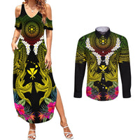 Hawaii Kanaka Maoli Couples Matching Summer Maxi Dress and Long Sleeve Button Shirt Double Shark and Hibiscus Flowers LT03 Black - Polynesian Pride