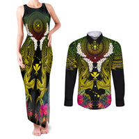 Hawaii Kanaka Maoli Couples Matching Tank Maxi Dress and Long Sleeve Button Shirt Double Shark and Hibiscus Flowers LT03 Black - Polynesian Pride