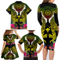 Hawaii Kanaka Maoli Family Matching Long Sleeve Bodycon Dress and Hawaiian Shirt Double Shark and Hibiscus Flowers