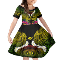 Hawaii Kanaka Maoli Family Matching Off Shoulder Short Dress and Hawaiian Shirt Double Shark and Hibiscus Flowers LT03 Daughter's Dress Black - Polynesian Pride