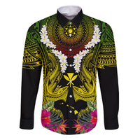 Hawaii Kanaka Maoli Family Matching Off Shoulder Short Dress and Hawaiian Shirt Double Shark and Hibiscus Flowers LT03 Dad's Shirt - Long Sleeve Black - Polynesian Pride