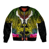 Hawaii Kanaka Maoli Sleeve Zip Bomber Jacket Double Shark and Hibiscus Flowers