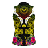 Hawaii Kanaka Maoli Women Sleeveless Polo Shirt Double Shark and Hibiscus Flowers