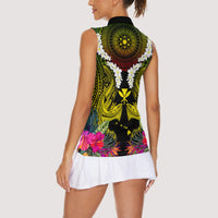 Hawaii Kanaka Maoli Women Sleeveless Polo Shirt Double Shark and Hibiscus Flowers