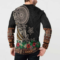 Samoa Siapo Polynesian Art Button Sweatshirt Tropical Flowers and Tatau Pattern Brown