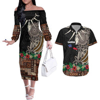 Samoa Siapo Polynesian Art Couples Matching Off The Shoulder Long Sleeve Dress and Hawaiian Shirt Tropical Flowers and Tatau Pattern Brown