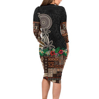 Samoa Siapo Polynesian Art Family Matching Long Sleeve Bodycon Dress and Hawaiian Shirt Tropical Flowers and Tatau Pattern Brown