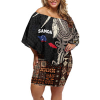 Samoa Siapo Polynesian Art Family Matching Off Shoulder Short Dress and Hawaiian Shirt Tropical Flowers and Tatau Pattern Brown