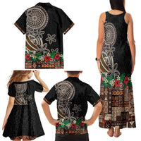 Samoa Siapo Polynesian Art Family Matching Tank Maxi Dress and Hawaiian Shirt Tropical Flowers and Tatau Pattern Brown