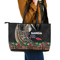 Samoa Siapo Polynesian Art Leather Tote Bag Tropical Flowers and Tatau Pattern Brown