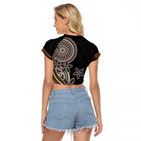 Samoa Siapo Polynesian Art Raglan Cropped T Shirt Tropical Flowers and Tatau Pattern Brown